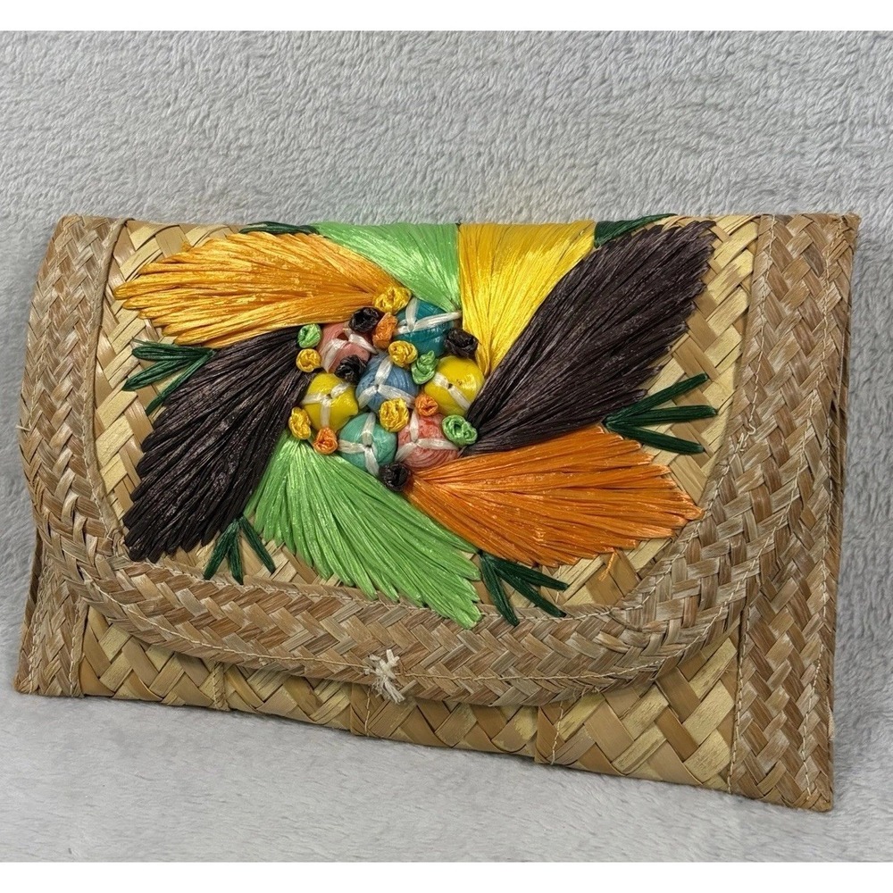 Vintage Woven Straw Envelope Clutch Colorful Raffia Tassel Beaded Boho Bag